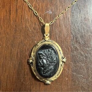 Vintage Black Plastic Cameo Pendant with 24" Chain Necklace